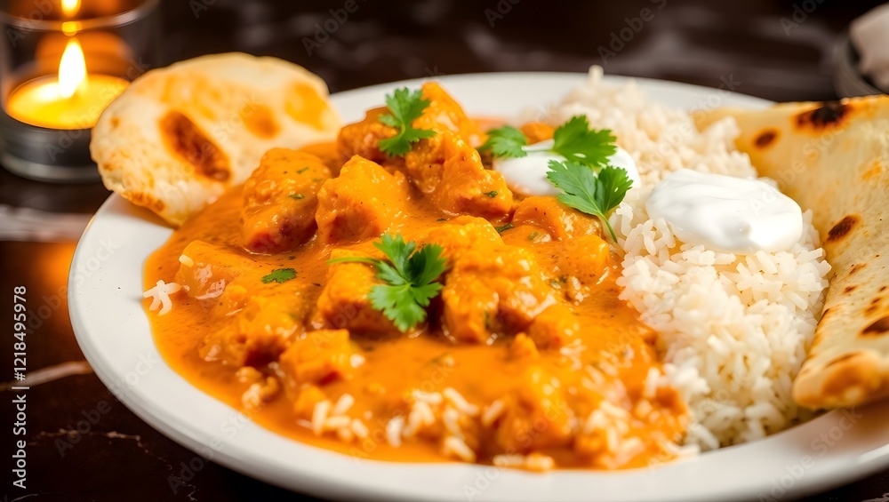 A spicy Indian butter chicken curry served with warm naan bread and basmati rice.