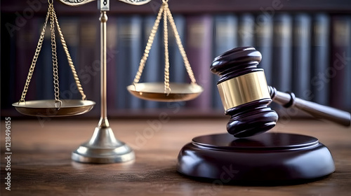 Gavel, scales of justice, and law books on a table, symbolizing legal principles, justice, and the law, highlighting the foundation of the legal system.
