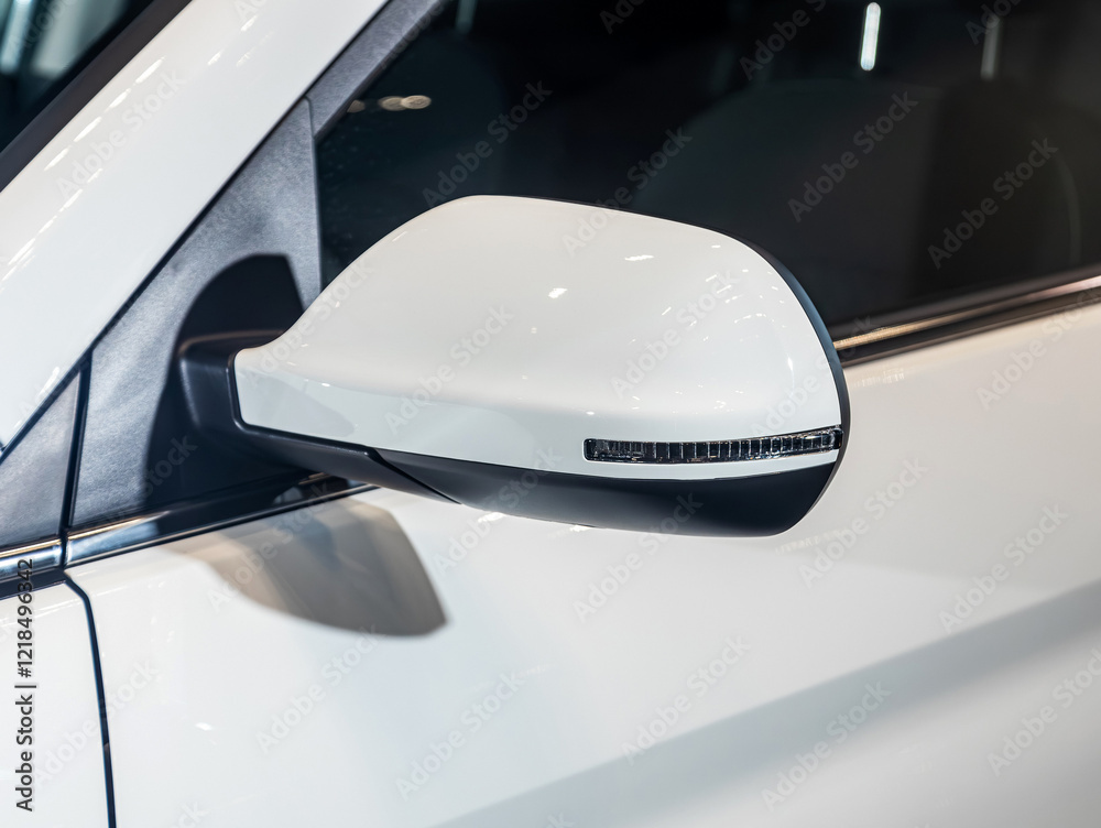 Obraz premium Side mirror of a white car close-up. Exterior detail
