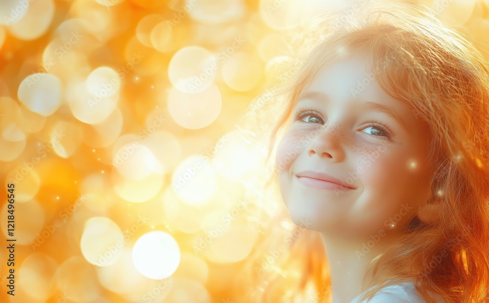 Fototapeta premium Joyful Girl with Freckled Face Smiling Amidst Warm Golden Bokeh Background in a Soft, Dreamy, and Light-Filled Atmosphere Perfect for Children's Portrait Photography
