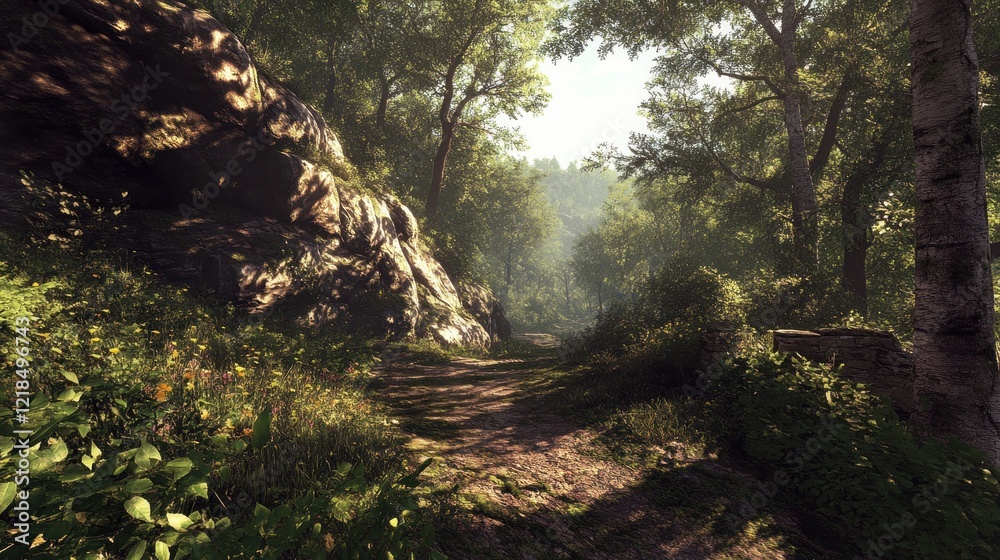 Sunlit forest path, rocky hillside, misty background, game asset Sunlit forest path, rocky hillside, misty background, game asset