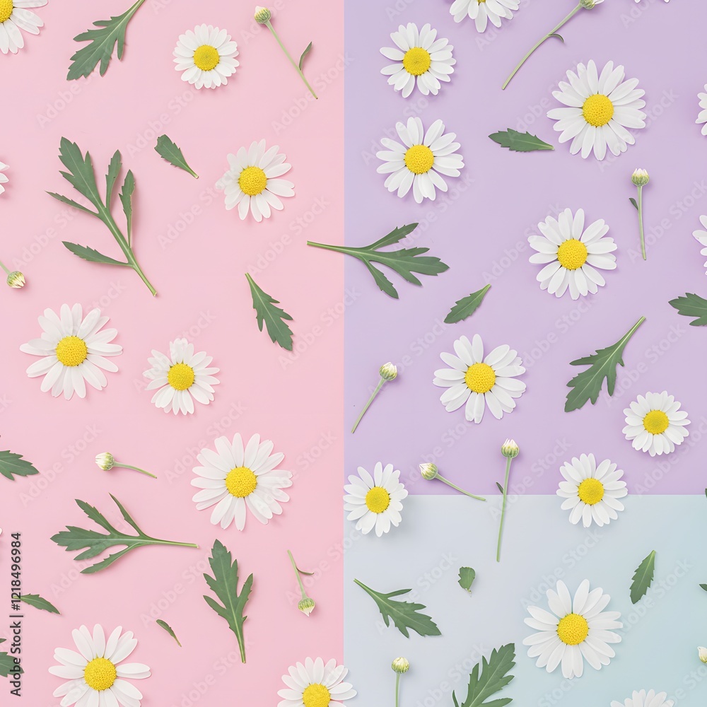 Obraz premium A repeating floral design with delicate daisies and small green leaves in soft pastel tones