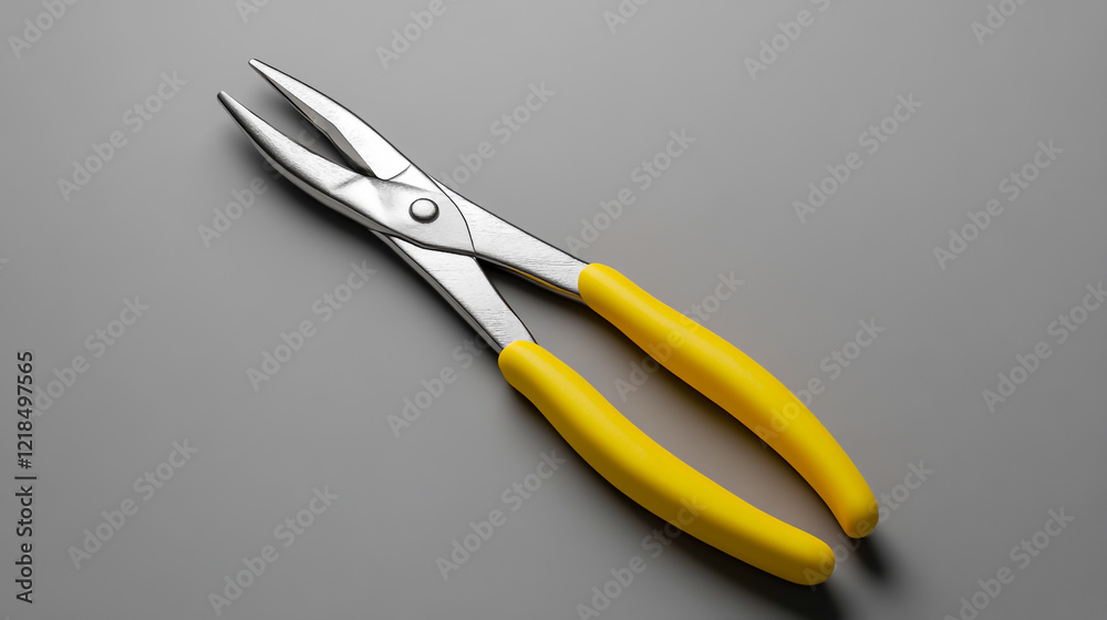 3D render of pliers with a yellow handle on a grey background, top view. 3D render of pliers with a yellow handle on a grey background, top view.
