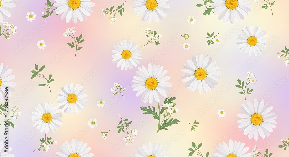 A repeating floral design with delicate daisies and small green leaves in soft pastel tones A repeating floral design with delicate daisies and small green leaves in soft pastel tones