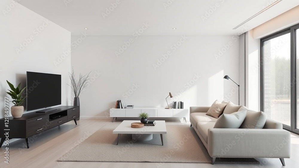 Scandinavian Living Room with Sleek Media Console - AI Photo Scandinavian Living Room with Sleek Media Console - AI Photo