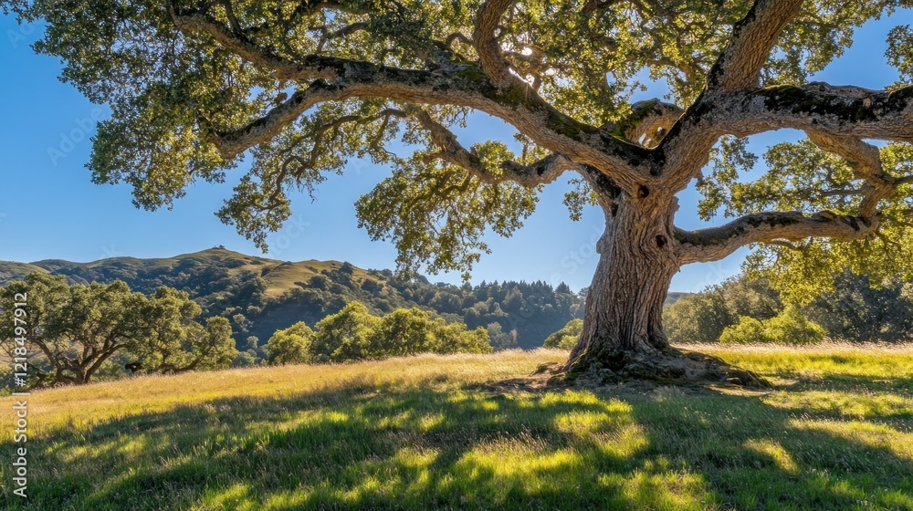 Fototapeta premium Majestic oak tree on hillside pasture, sunny day, rolling hills background, nature scene