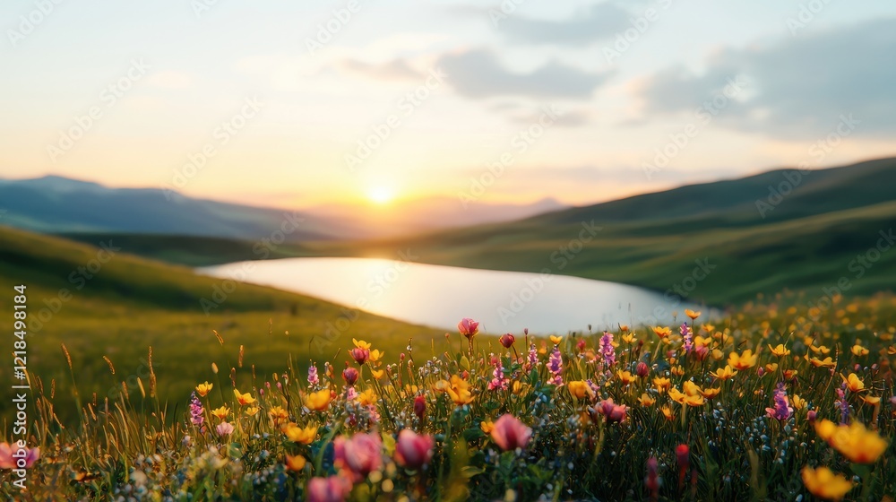 Obraz premium Serene Sunset over Mountain Lake and Wildflower Meadow