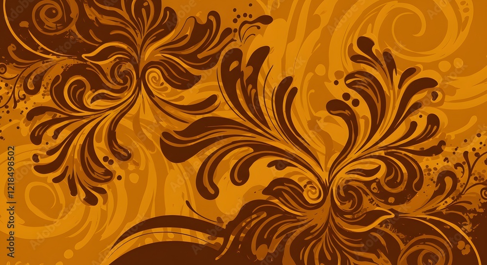 Abstract African floral patterns with bold , earthy tones like ochre , burnt orange , and deep brown