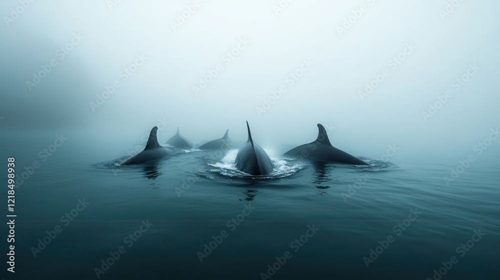 Fototapeta premium A pod of whales swimming in perfect harmony, their massive tails breaking the surface of the water,