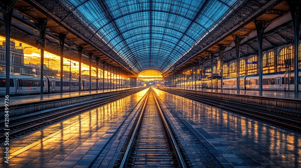 Sunset train station platform, tracks reflecting golden hour Sunset train station platform, tracks reflecting golden hour