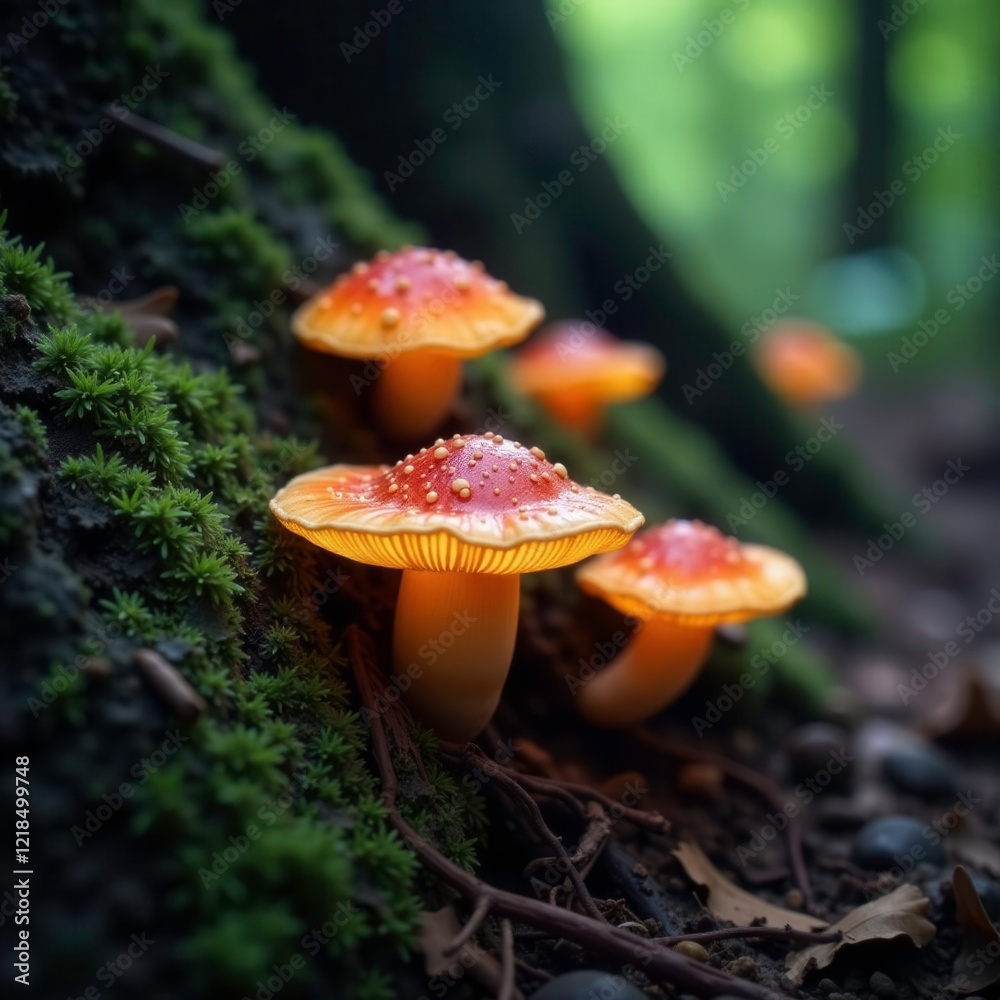 Glowing fungal caps scattered on ancient tree trunks, forest floor, nature Glowing fungal caps scattered on ancient tree trunks, forest floor, nature