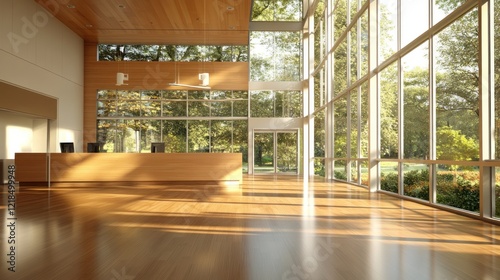 Sunlit modern lobby with wood floors and large windows.