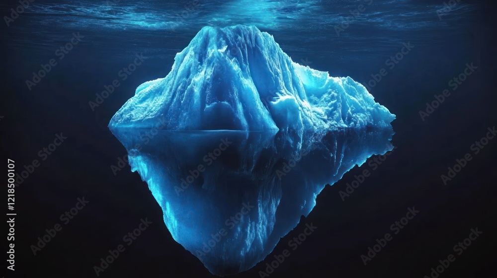 Fototapeta premium Underwater iceberg, ocean depths, glacial ice, dark blue, climate change, environmental, concept illustration