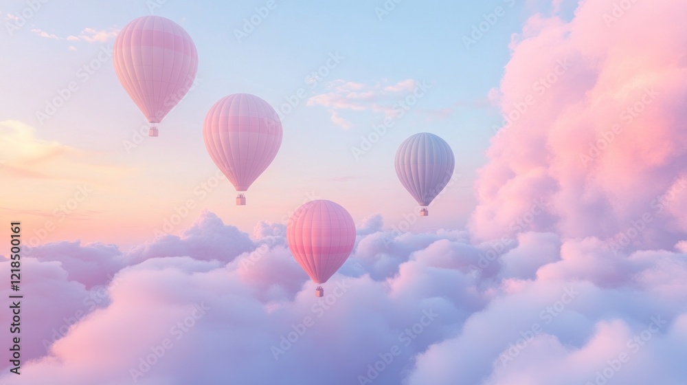 Obraz premium Pastel hot air balloons soar above dreamy clouds at sunset, ideal for travel posters