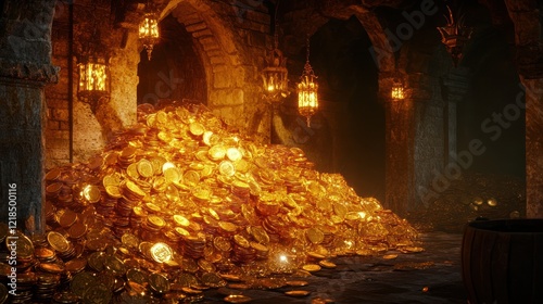 Huge pile of gold coins in a dark, ancient stone vault.