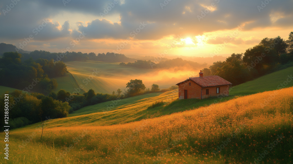 Golden Morning Hillside with a Cozy Cabin Golden Morning Hillside with a Cozy Cabin