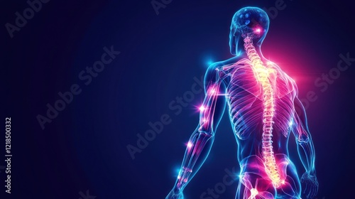 Glowing spine anatomy, pain points, dark background, medical illustration