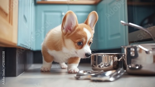 Curious puppy explores kitchen pots, stainless steel, teal cabinets photo