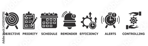 Time Management icon set illustration concept with icon of objective, priority, schedule, reminder, efficiency, alert, controlling 