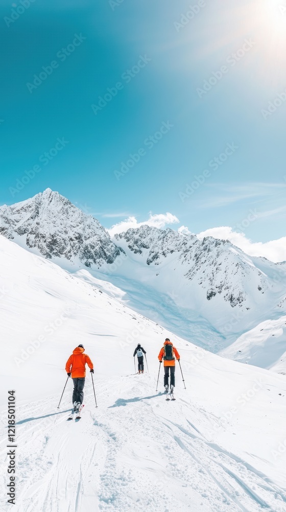 Skiers Descending Snowy Mountain Slope On A Sunny Day Skiers Descending Snowy Mountain Slope On A Sunny Day