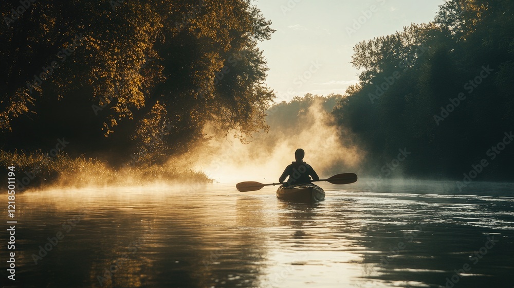 Kayaking on a Tranquil River at Dawn Kayaking on a Tranquil River at Dawn
