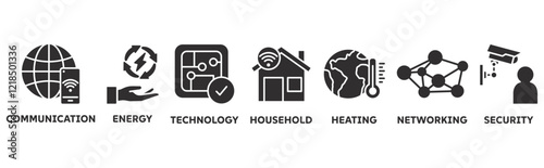 Smart Home icon set illustration concept with icon of communication, energy, technology, household, heating, networking, security 