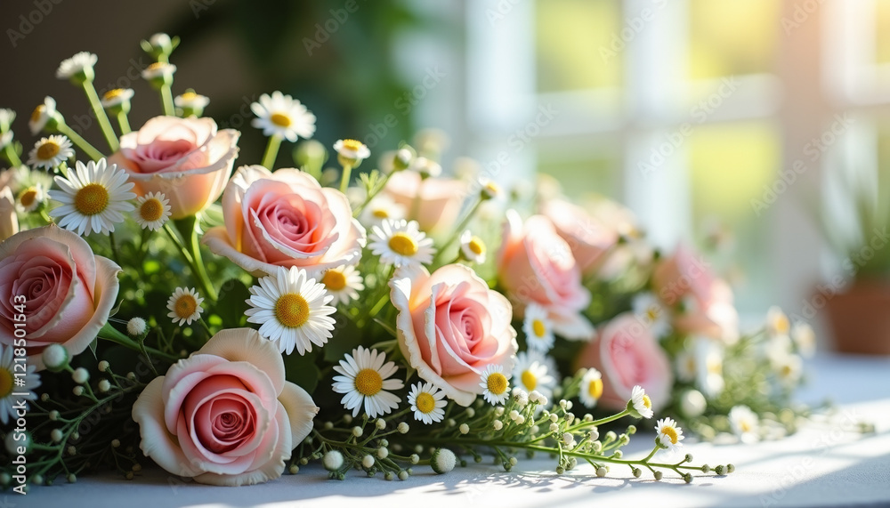 Fototapeta premium Floral Easter garland with roses, daisies, and small buds draped over a table during soft afternoon light