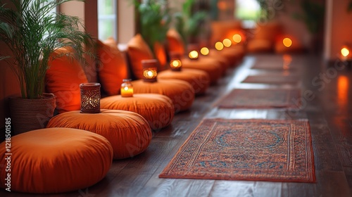 Studio yoga class setup, candles, plants photo