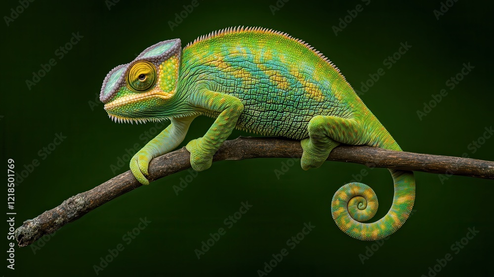 Fototapeta premium A chameleon perched on a vibrant green branch, blending perfectly with its surroundings,