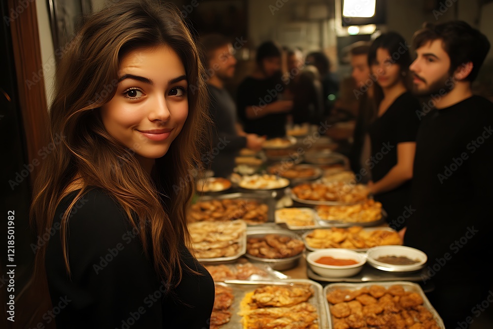 Young woman smiles at camera amidst a buffet. Young woman smiles at camera amidst a buffet.