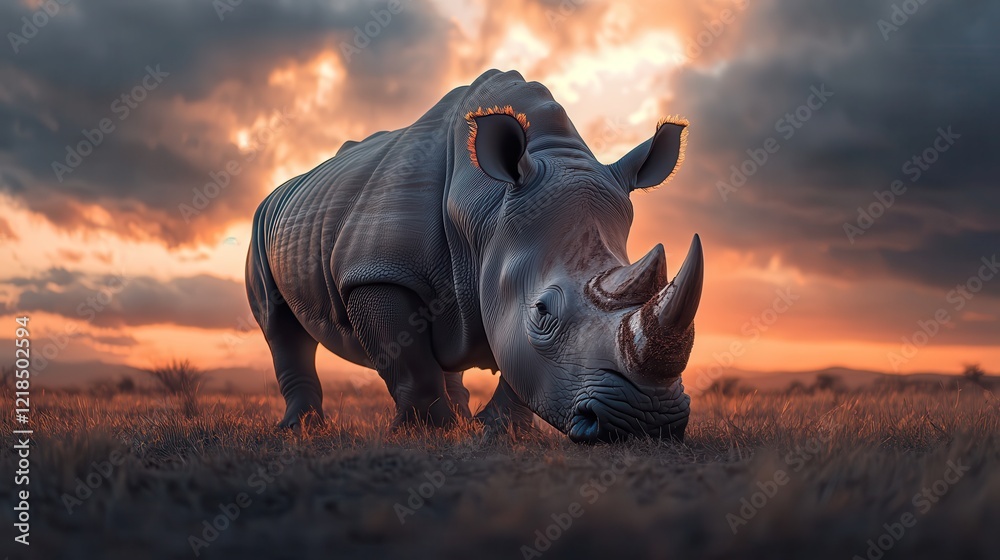 Fototapeta premium A rhino grazing on the grasslands during golden hour, its thick skin glowing in the sunlight