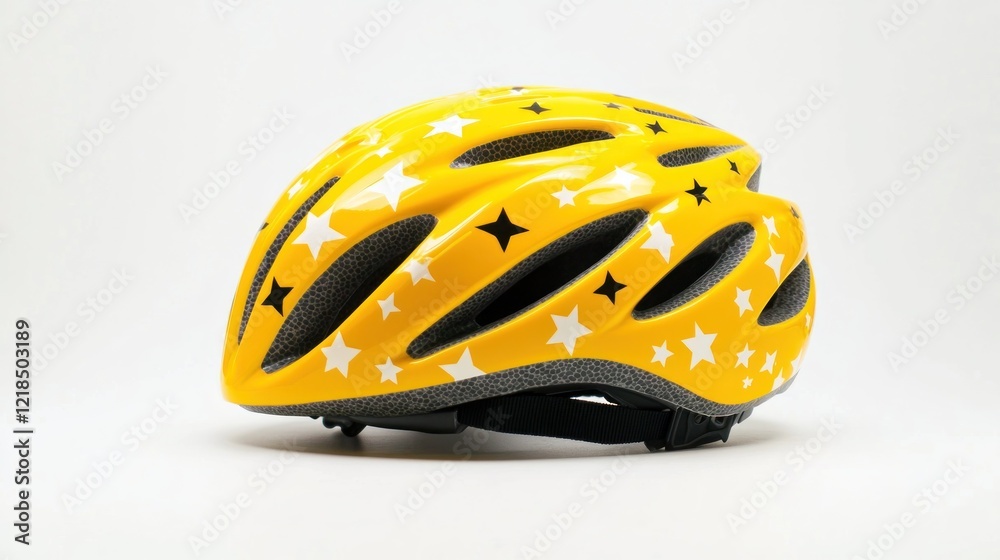 Yellow star bicycle helmet, safety gear, white background, studio shot, child's safety Yellow star bicycle helmet, safety gear, white background, studio shot, child's safety