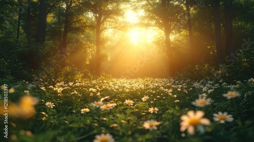 Fototapeta Naklejka Na Ścianę i Meble -  Sunlit daisies in misty forest path