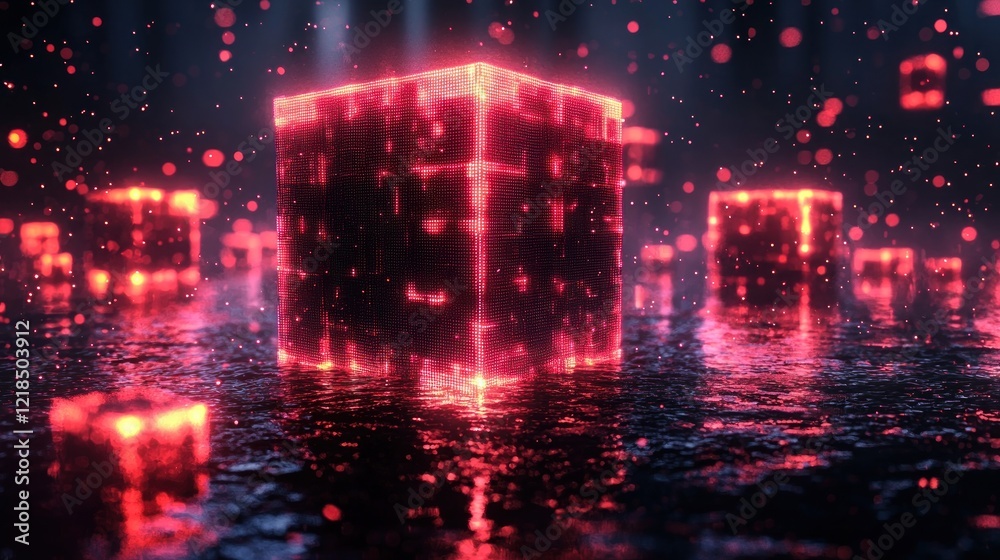 Fototapeta premium Luminous Red Cube in a Dark Futuristic Setting: An Abstract Digital Artwork