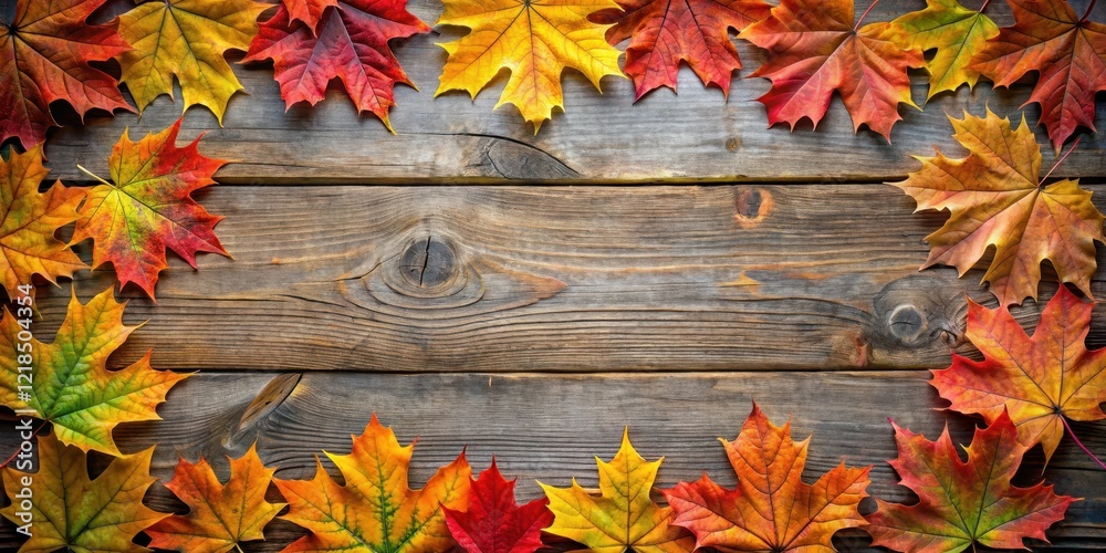 Obraz premium Autumn Sugar Maple Leaves Framing Rustic Wood Background , fall colors