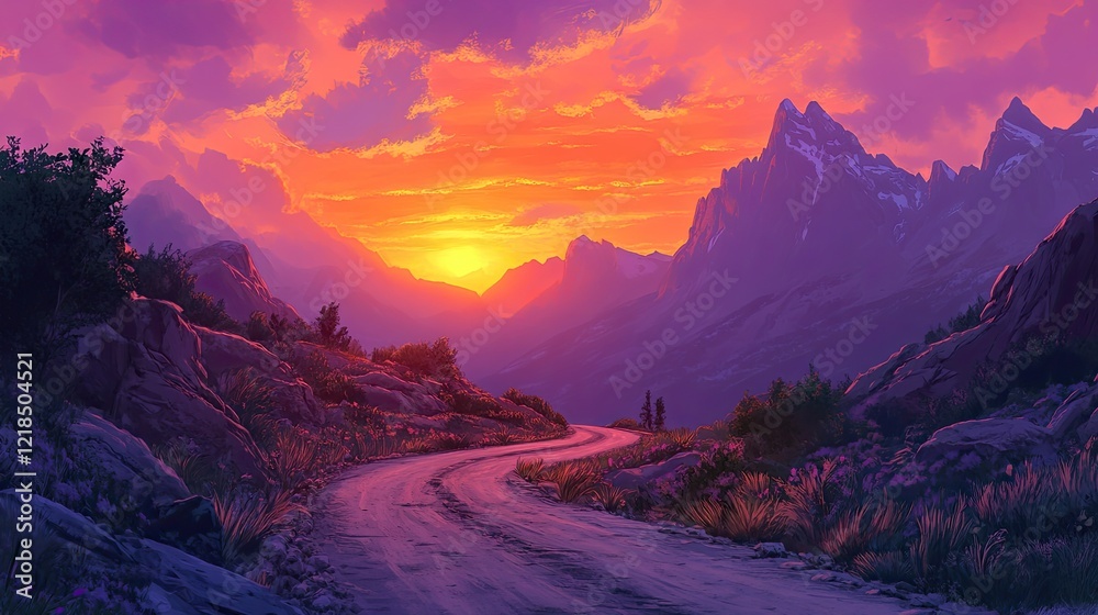 Fototapeta premium Serene mountain road in the Dolomites at sunset, vibrant orange and purple sky, winding through rugged peaks.