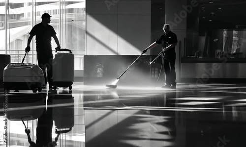 Two Janitors Cleaning a Gleaming Floor in a Modern Building