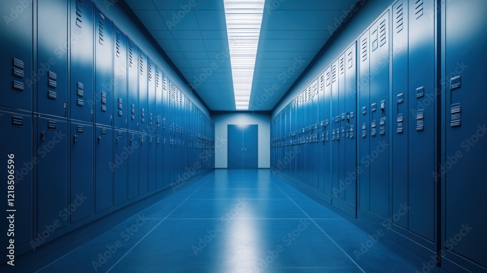Long blue locker hallway with door at end. Long blue locker hallway with door at end.