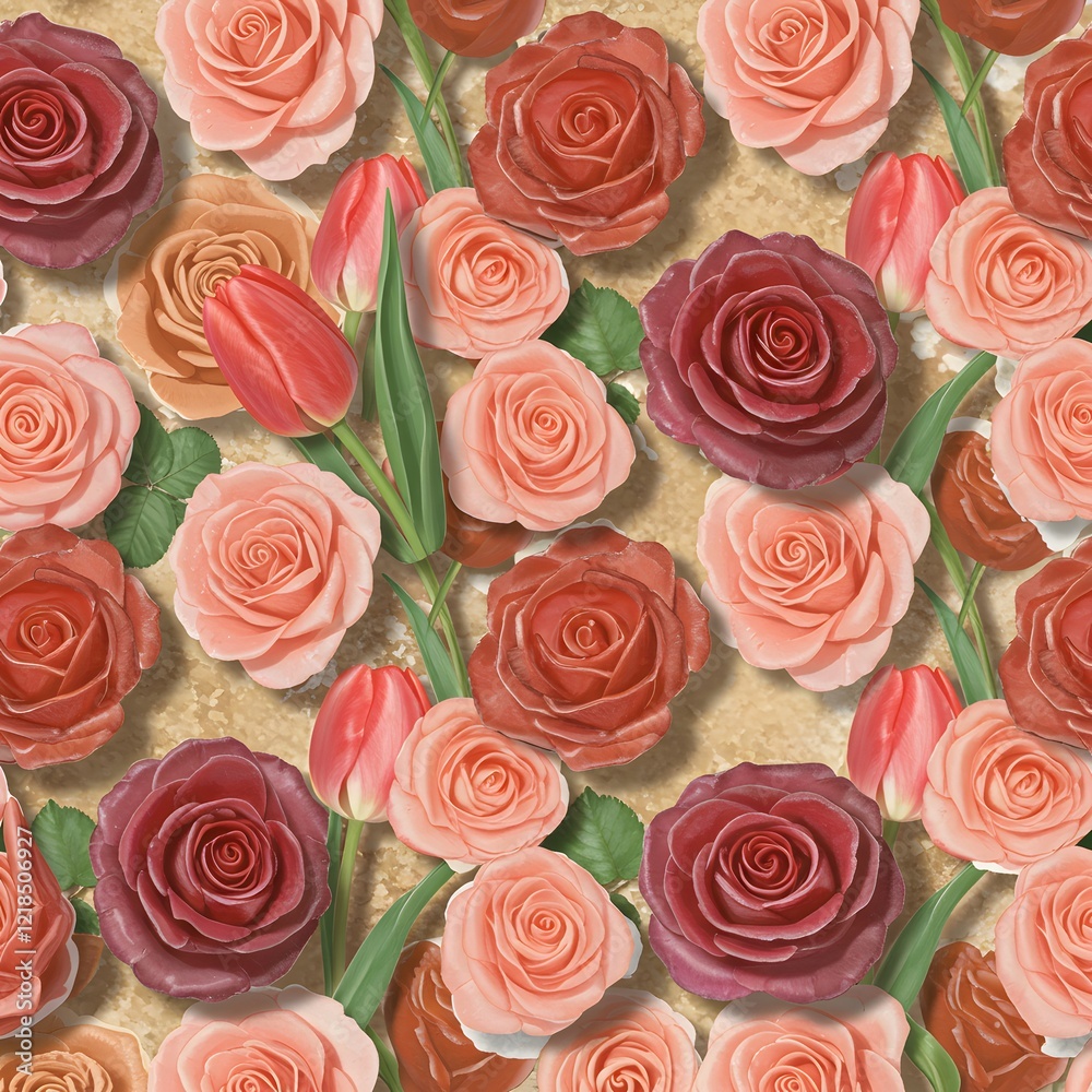 Seamless pattern of roses and tulips with subtle shadows for depth