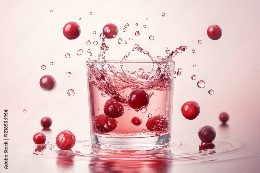Bright and plump fresh cranberries make a delightful splash in a glass overflowing with vibrant, colorful juice, creating a refreshing and visually appealing treat