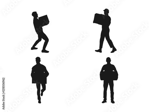 Delivery man carrying boxes of goods vector silhouette. Delivery man with parcel silhouette vector. Post man package. man with a box in his hands silhouette on a white background.