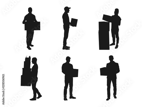 Delivery man carrying boxes of goods vector silhouette. Delivery man with parcel silhouette vector. Post man package. man with a box in his hands silhouette on a white background.