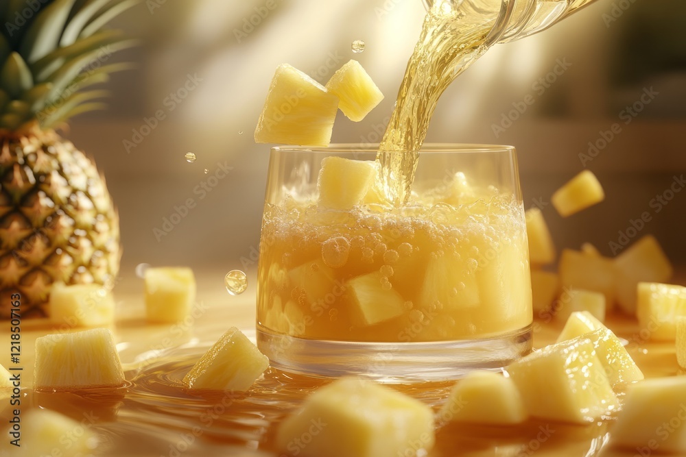 On a bright and sunny day, enjoy a refreshing drink made with vibrant pineapple and delicious diced fruit, elegantly served in a sparkling glass