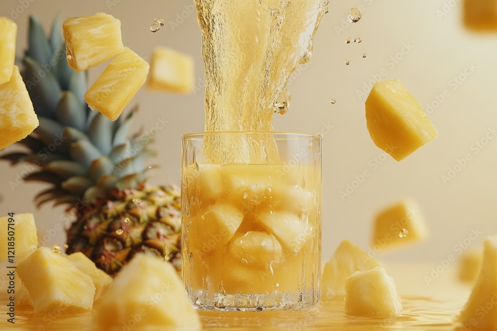 Refreshing pineapple drink with ice cubes and splash in a clear glass set against a ripe pineapple backdrop