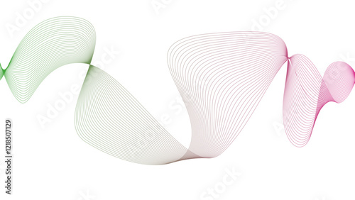 Vector curvy abstract line art wavy flowing dynamic green purple white background in concept music or sound, wave, wind, information flow