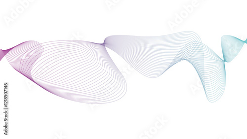 Vector curvy abstract line art wavy flowing dynamic green blue purple white background in concept music or sound, wave, wind, information flow