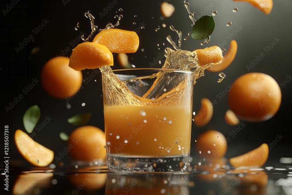 Freshly squeezed citrus drink splashes in a glass surrounded by vibrant fruit and droplets in an elegant setting