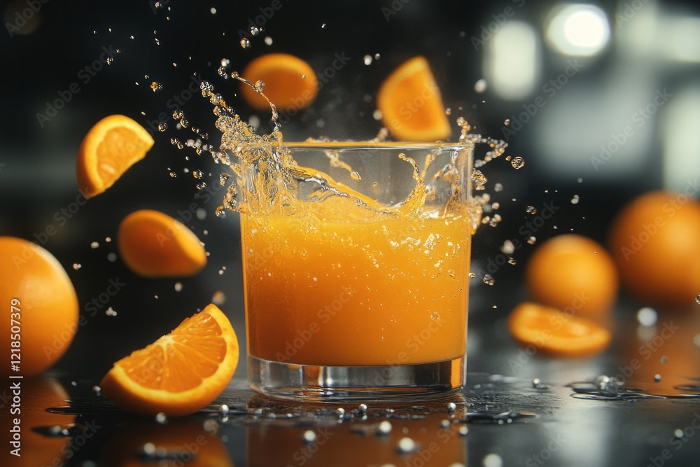 Bright and vibrant, freshly squeezed orange juice cascades delightfully, adorned with stunning slices of citrus artfully arranged around the glass