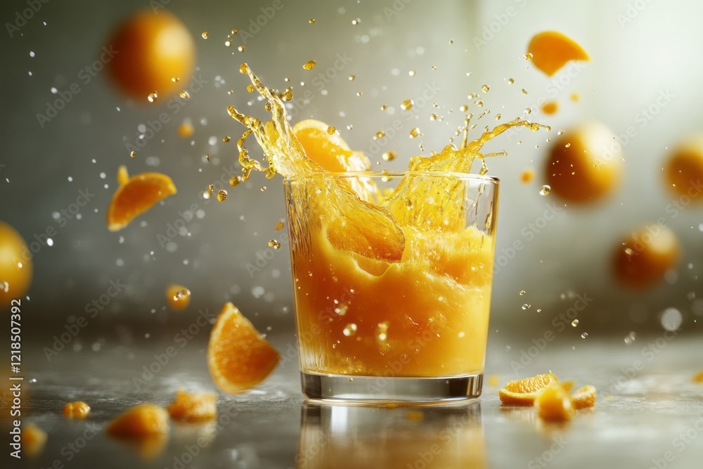 Fresh orange juice splashing from a glass with segments and droplets flying in a bright kitchen environment