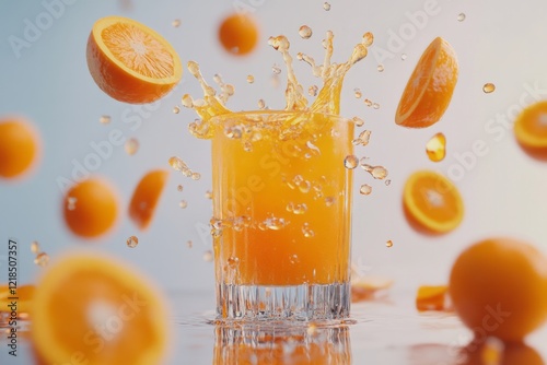 Fresh orange juice splashes in glass surrounded by vibrant orange slices creating a refreshing scene indoors